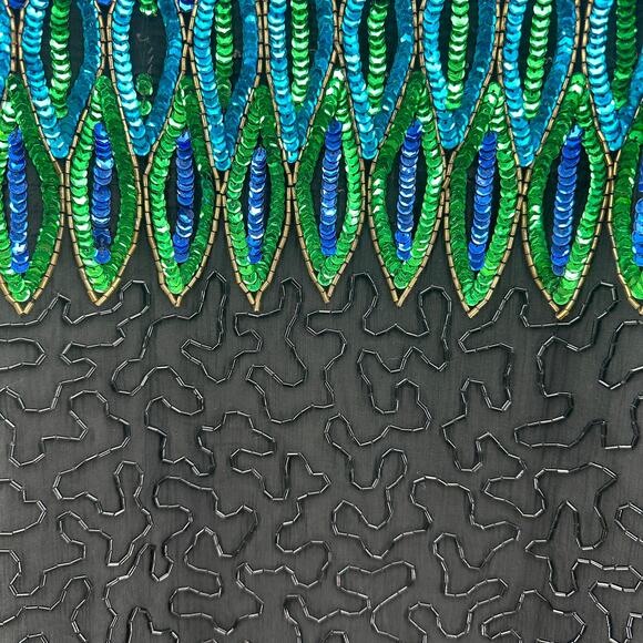 Patchouli Silk Jacket WMNS XL Black Green Blue Beaded Sequin Statement Coat Vtg - Picture 7 of 12